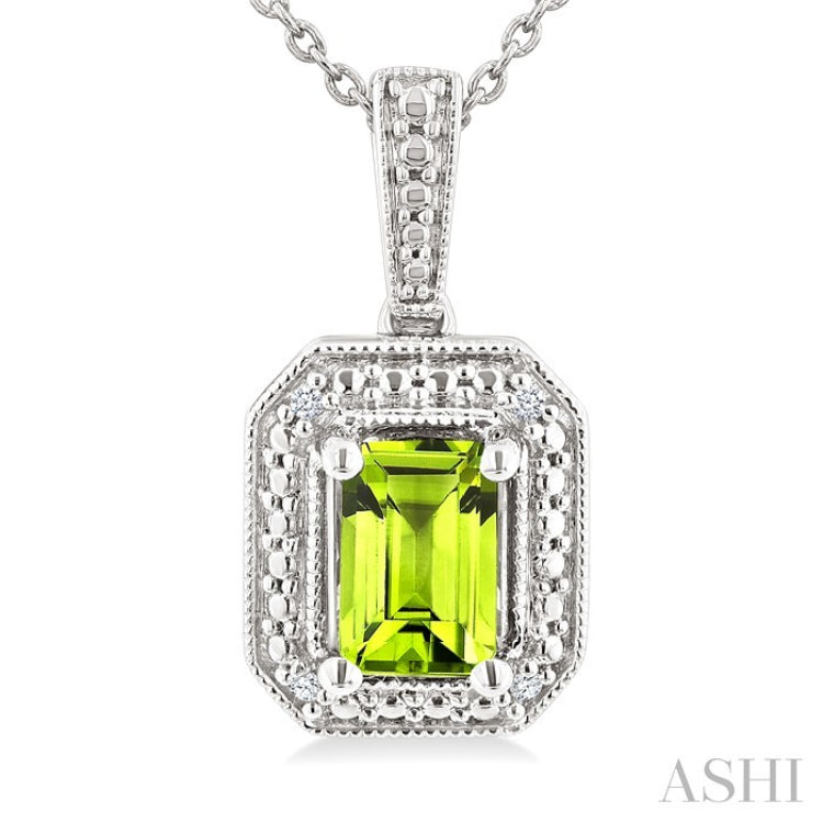 7X5 MM Octagon Shape Peridot and 1/50 Ctw Round Cut Diamond Semi-Precious Pendant With Chain in Sterling Silver
