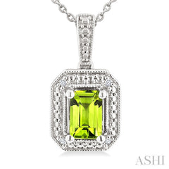 7X5 MM Octagon Shape Peridot and 1/50 Ctw Round Cut Diamond Semi-Precious Pendant With Chain in Sterling Silver