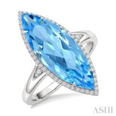 22X8 MM Evoque Gemstones Marquise Shape Blue Topaz and 1/5 Ctw Round Cut Diamond Semi-Precious Ring in 14K White Gold