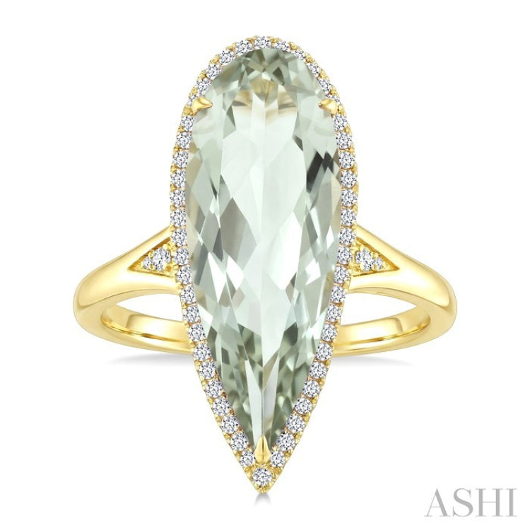 22X8 MM Evoque Gemstone Pear Shape Green Amethyst and 1/5 Ctw Round Cut Diamond Semi-Precious Ring in 14K Yellow Gold