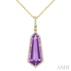 22X9 MM Evoque Gemstones Shield Shape Amethyst and 1/4 Ctw Round Cut Diamond Semi-Precious Pendant With Chain in 14K Yellow Gold