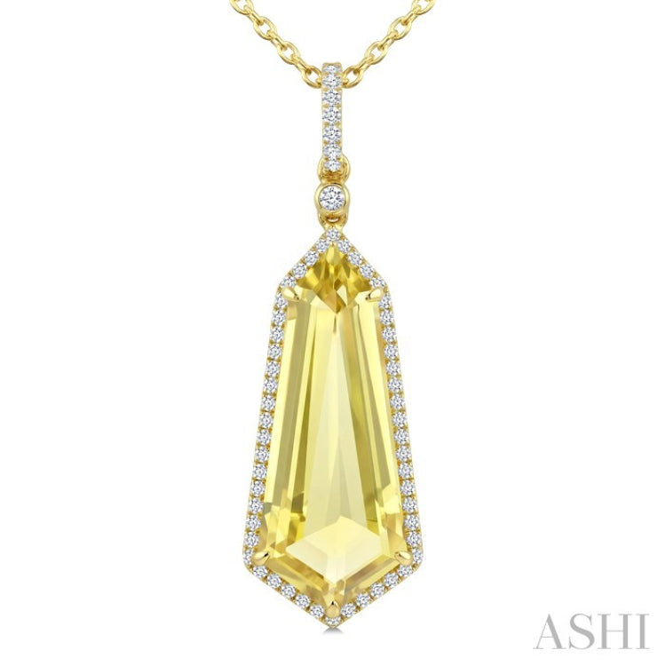 22X9 MM Evoque Gemstones Shield Shape Lemon Quartz and 1/4 Ctw Round Cut Diamond Semi-Precious Pendant With Chain in 14K Yellow Gold