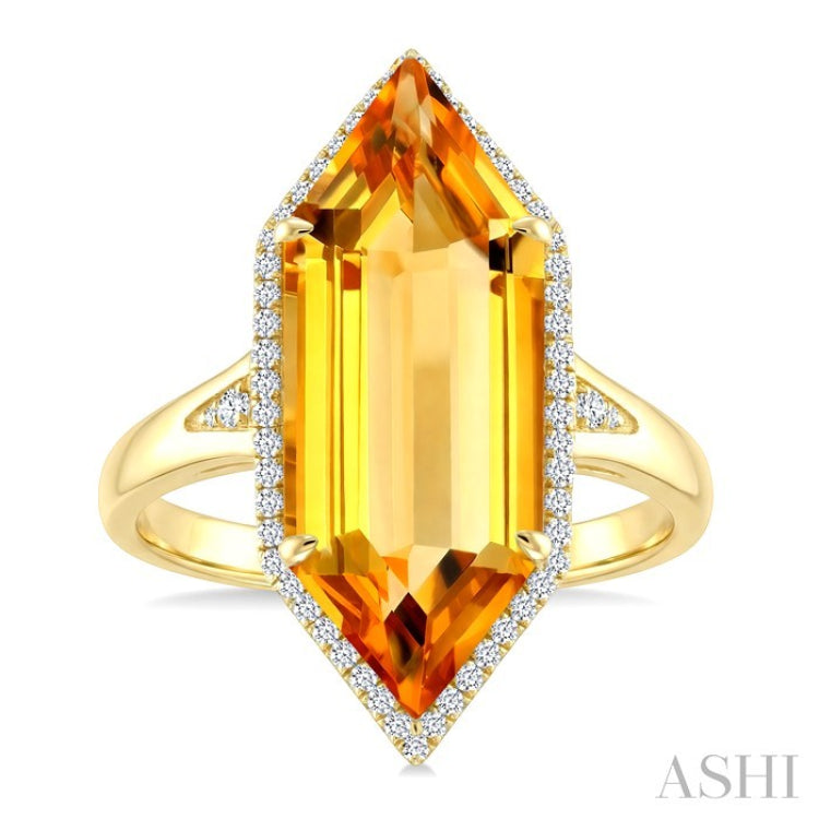 22X8 MM Evoque Gemstone Hexagon Shape Citrine and 1/4 Ctw Round Cut Diamond Semi-Precious Ring in 14K Yellow Gold