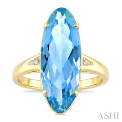 22X8 MM Evoque Gemstones Oval Shape Blue Topaz and 1/50 Ctw Round Cut Diamond Semi-Precious Ring in 14K Yellow Gold