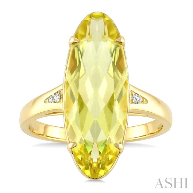 22X8 MM Evoque Gemstones Oval Shape Lemon Quartz and 1/50 Ctw Round Cut Diamond Semi-Precious Ring in 14K Yellow Gold