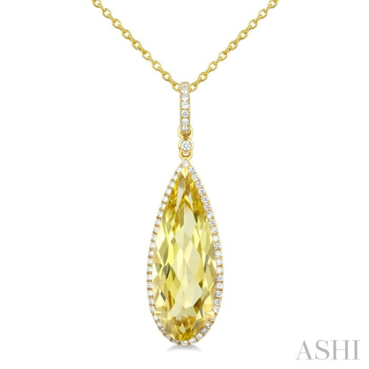 22X8 MM Evoque Gemstones Pear Shape Lemon Quartz and 1/4 Ctw Round Cut Diamond Semi-Precious Pendant With Chain in 14K Yellow Gold
