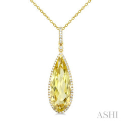 22X8 MM Evoque Gemstones Pear Shape Lemon Quartz and 1/4 Ctw Round Cut Diamond Semi-Precious Pendant With Chain in 14K Yellow Gold