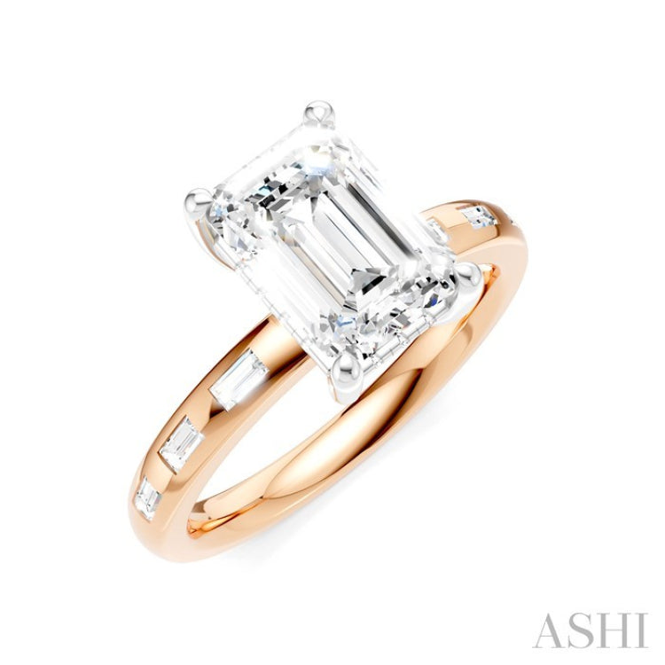 1/4 Ctw Emerald Shape Baguette and Round Cut Diamond Semi-Mount Engagement Ring in 14K Rose and White Gold