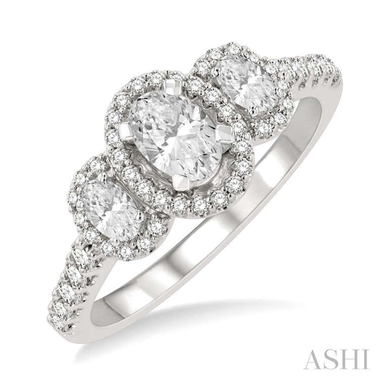 5/8 Ctw Oval Shape Past Present and Future Round Cut Diamond Semi-Mount Engagement Ring in 14K White Gold