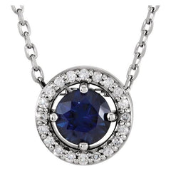 14K White Gold Natural Blue Sapphire & .05 CTW Natural Diamond Halo-Style 16" Necklace