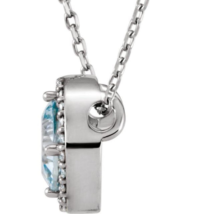 14K White Gold Natural Aquamarine & .06 CTW Natural Diamond Semi-Set Halo-Style 16" Necklace