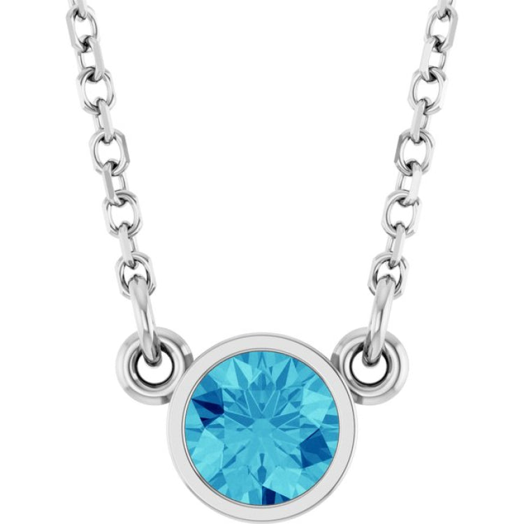 Rhodium-Plated Sterling Silver Imitation Blue Zircon Solitaire 16" Necklace