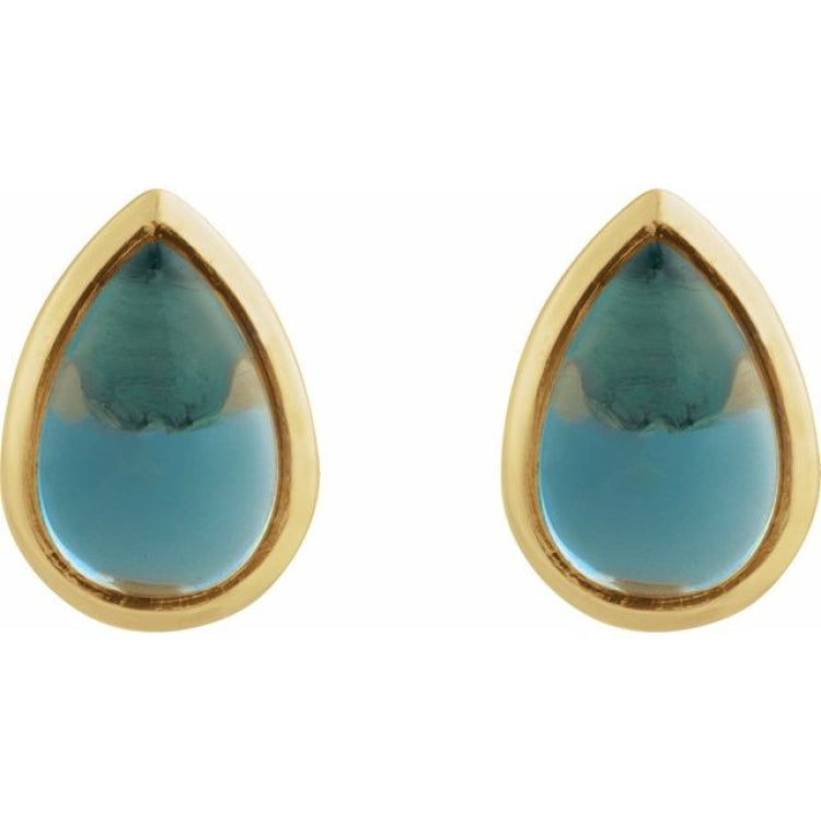 14K Yellow Gold Natural London Blue Topaz Cabochon Earrings