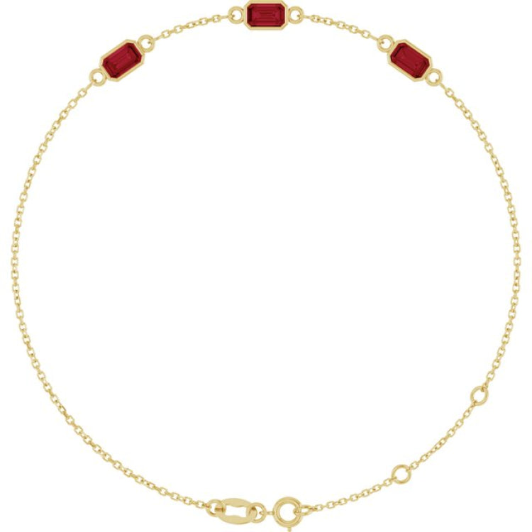14K Yellow Gold Lab-Grown Ruby Bezel-Set 3-Stone 7 1/2" Bracelet