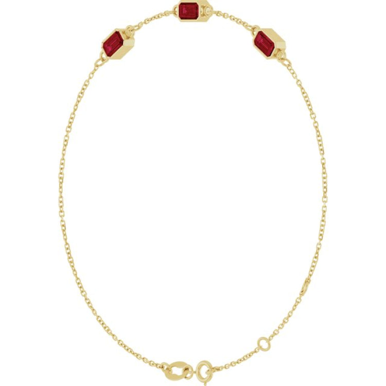 14K Yellow Gold Lab-Grown Ruby Bezel-Set 3-Stone 7 1/2" Bracelet