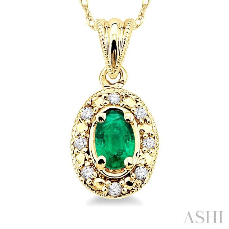 5x3 MM Oval Shape Emerald and 1/20 Ctw Single Cut Diamond Pendant in 14K Yellow Gold with Chain
