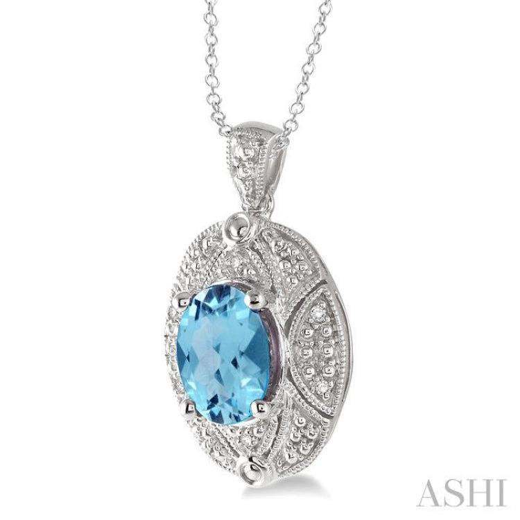 9x7 MM Oval Cut Blue Topaz and 1/50 Ctw Single Cut Diamond Pendant in Sterling Silver with Chain