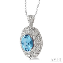 9x7 MM Oval Cut Blue Topaz and 1/50 Ctw Round Cut Diamond Pendant in Sterling Silver with Chain