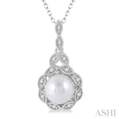 6.5x6.5 MM Cultured Pearl and 1/20 Ctw Round Cut Diamond Pendant in Sterling Silver with Chain