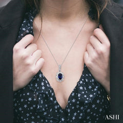 6x4 MM Oval Cut Sapphire and 1/20 Ctw Single Cut Diamond Pendant in Sterling Silver with Chain