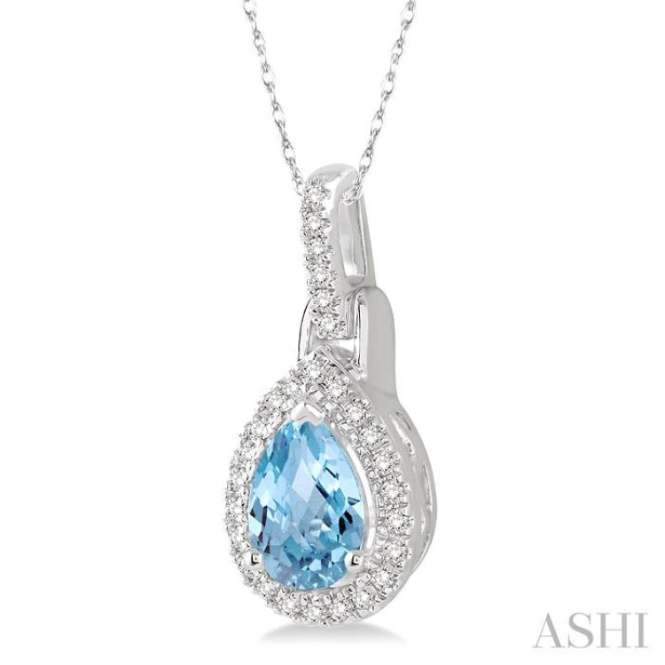 7x5 MM Pear Shape Aquamarine and 1/10 Ctw Round Cut Diamond Pendant in 14K White Gold with Chain