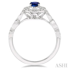 6x4 MM Oval Shape Sapphire and 1/6 Ctw Round Cut Diamond Precious Ring in 10K White Gold