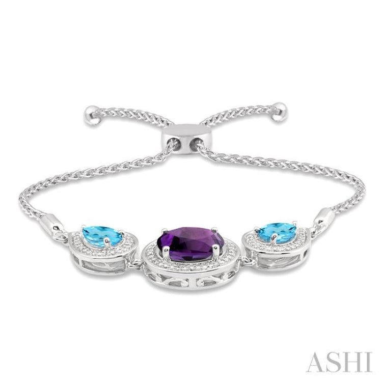 10x8 MM Oval Shape Amethyst & 7x5 MM Pear Shape Blue Topaz and 1/20 Ctw Round Diamond 3Stone Sterling Silver Lariat Bracelet