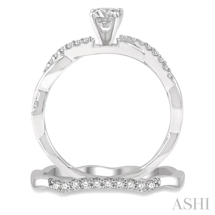 1/2 Ctw Diamond Wedding Set With 1/3 Ct Round Center Diamond Twisted Engagement Ring and 1/10 Ct Wedding Band in 14K White Gold
