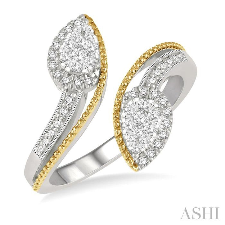 1/3 Ctw Pear Shape Open-End Split Shank Lovebright Round Cut Diamond Ring in 14K White and Yellow Gold
