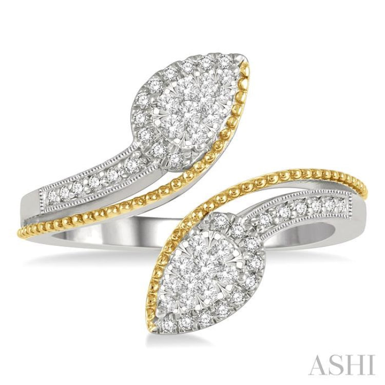 1/3 Ctw Pear Shape Open-End Split Shank Lovebright Round Cut Diamond Ring in 14K White and Yellow Gold