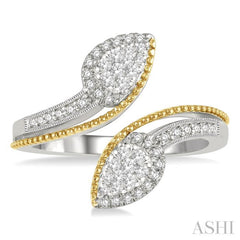 1/3 Ctw Pear Shape Open-End Split Shank Lovebright Round Cut Diamond Ring in 14K White and Yellow Gold