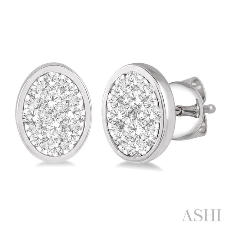 1/2 Ctw Oval Shape Lovebright Round Cut Diamond Bezel Stud Earring in 14K White Gold