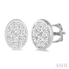 1/2 Ctw Oval Shape Lovebright Round Cut Diamond Bezel Stud Earring in 14K White Gold