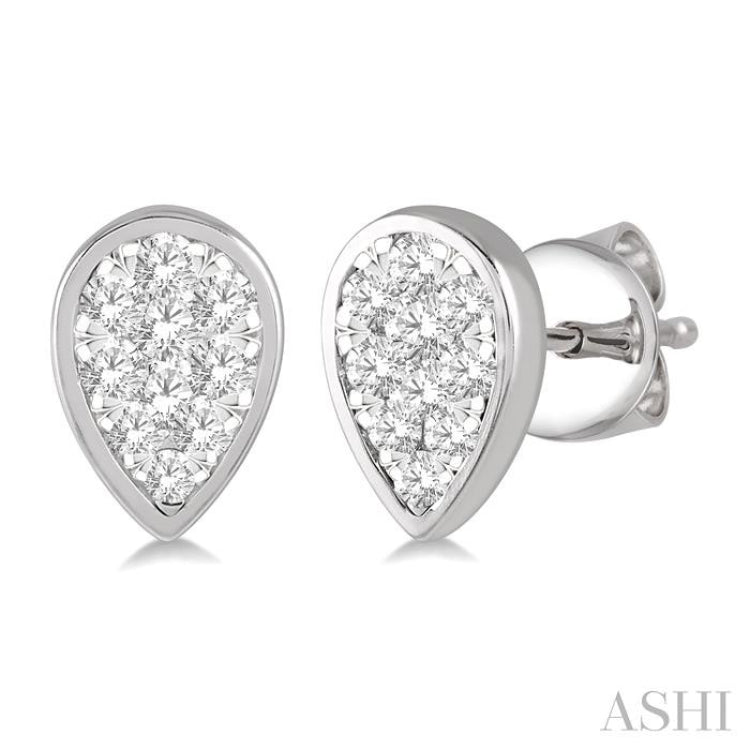 1/2 Ctw Pear Shape Lovebright Round Cut Diamond Bezel Stud Earring in 14K White Gold