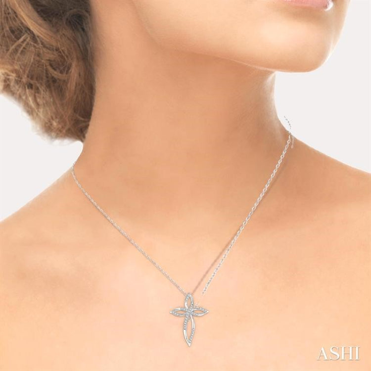 1/10 Ctw Twisted Cross Charm Round Cut Diamond Pendant With Chain in 10K White Gold