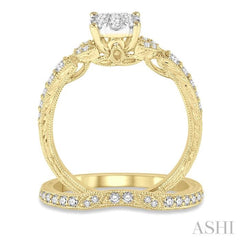 5/8 ctw Round Cut Diamond Lovebright Wedding Set with 1/2 ctw Engagement Ring and 1/6 ctw Wedding Band in 14K Yellow and White Gold