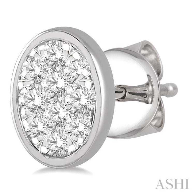1/3 Ctw Oval Shape Lovebright Round Cut Diamond Bezel Stud Earring in 14K White Gold