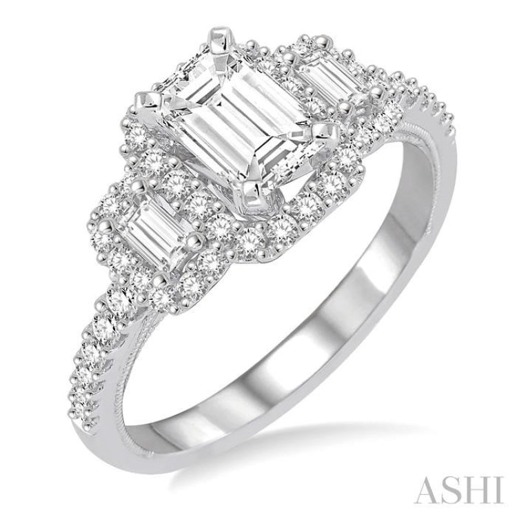 1 Ctw Baguette and Round Cut Diamond Ladies Engagement Ring with 1/2 Ct Emerald Cut Center Stone in 14K White Gold