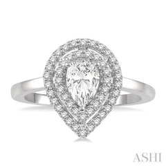 3/4 Ctw Round Cut Diamond Twin Border 1/2 Ct Pear Cut Center Stone Ladies Engagement Ring in 14K White Gold