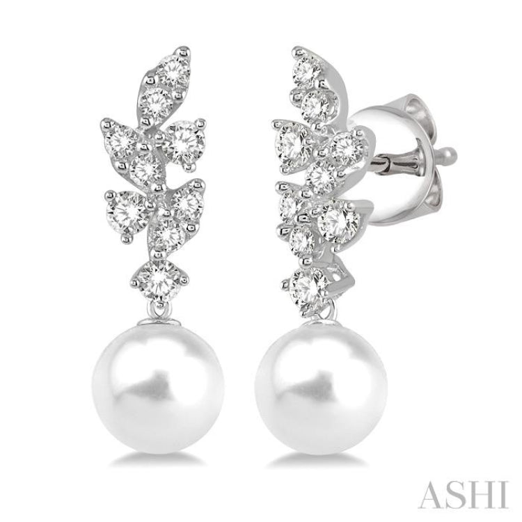 8 MM Cultured Pearl and 1/3 Ctw Diamond Crepe Dangler Earrings in 14K White Gold