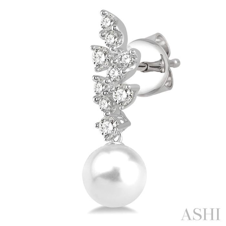 8 MM Cultured Pearl and 1/3 Ctw Diamond Crepe Dangler Earrings in 14K White Gold