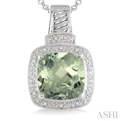 10x10 MM Cushion Shape Green Amethyst and 1/20 Ctw Round Cut Diamond Pendant in Sterling Silver with Chain