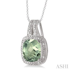 10x10 MM Cushion Shape Green Amethyst and 1/20 Ctw Single Cut Diamond Pendant in Sterling Silver with Chain
