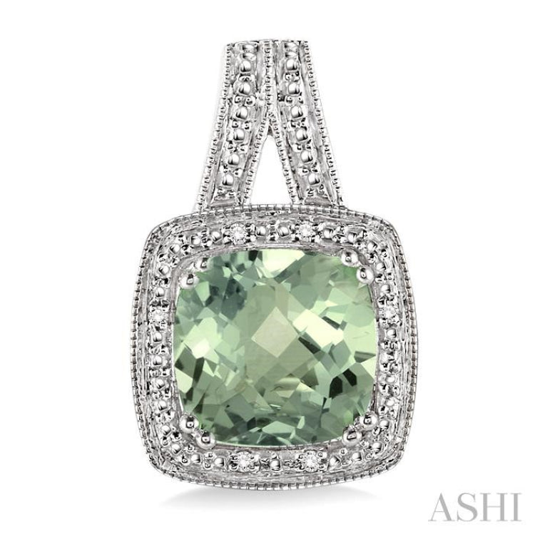 8x8 MM Cushion Shape Green Amethyst and 1/20 Ctw Single Cut Diamond Earrings in Sterling Silver