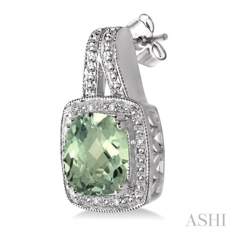 8x8 MM Cushion Shape Green Amethyst and 1/20 Ctw Single Cut Diamond Earrings in Sterling Silver