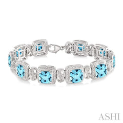 7x7 MM Cushion Shape Blue Topaz and 1/10 Ctw Single Cut Diamond Square Shape Bracelet in Sterling Silver