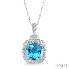 10x10 MM Cushion Shape Blue Topaz and 1/50 Ctw Round Cut Diamond Semi-Precious Pendant With Chain in Sterling Silver
