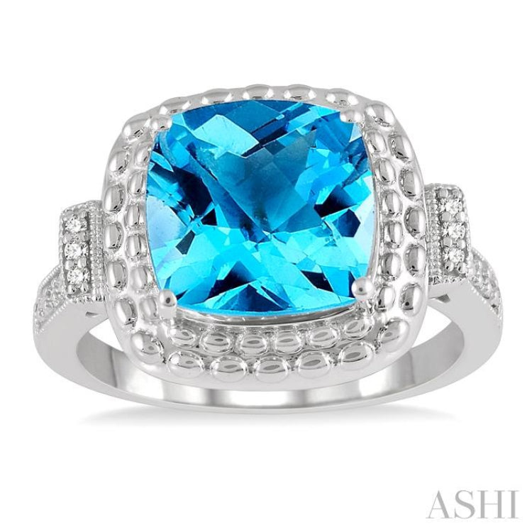 10x10 MM Cushion Shape Blue Topaz and 1/50 Ctw Round Cut Diamond Semi-Precious Ring in Sterling Silver