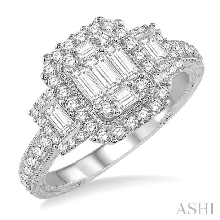 7/8 Ctw Octagonal & Rectangular Mount Baguette and Round Cut Diamond Engagement Ring in 14K White Gold