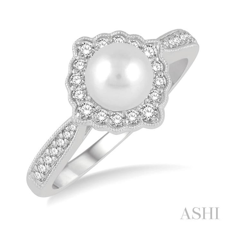 7 MM Cultured Pearl and 1/4 Ctw Round Cut Diamond Halo Ring in 10K White Gold